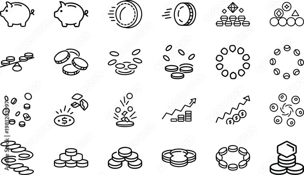 Fototapeta premium Money saving and currency movement icons featuring piggy banks coins and profit progress.
