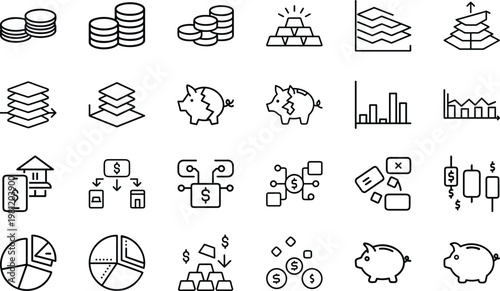 Set of business and finance icons including charts money coins piggy banks safes and crypto.