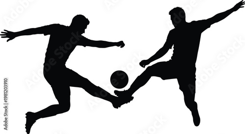 Silhouette of two soccer players competing for the ball