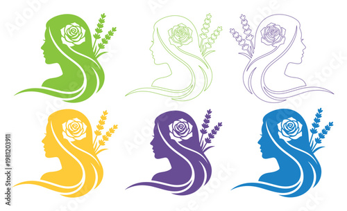 女性の横顔とバラ、ラベンダーのシルエットイラストセット。美容、アロマ、エステ、癒しを表現するエレガントなベクター素材。