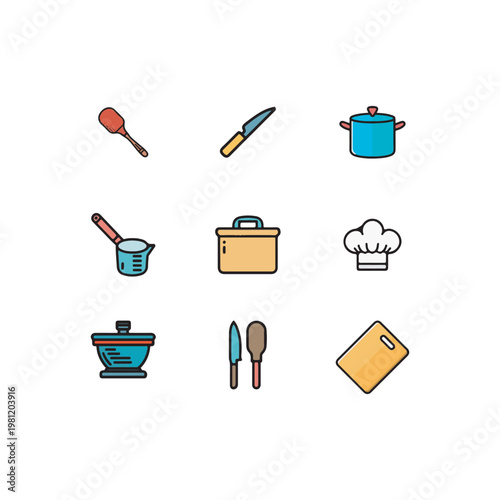 Set of 9 kitchen tools icons, cooking utensils collection, simple cartoon style kitchen equipment, spoon fork, knife, pan, whisk, spatula icons set