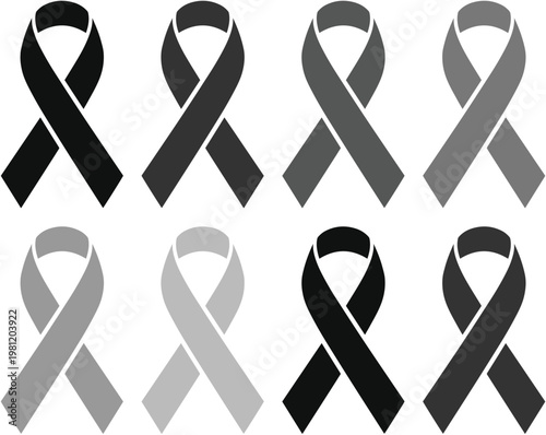 追悼と意識向上のための黒とグレーのリボン、哀悼の意を表すシンボル、喪失と記憶を伝えるベクターイラストセット、社会問題や支援活動のグラフィック素材