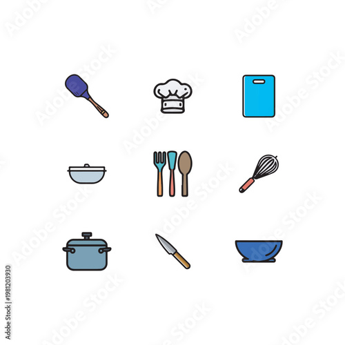 Set of 9 kitchen tools icons, cooking utensils collection, simple cartoon style kitchen equipment, spoon fork, knife, pan, whisk, spatula icons set