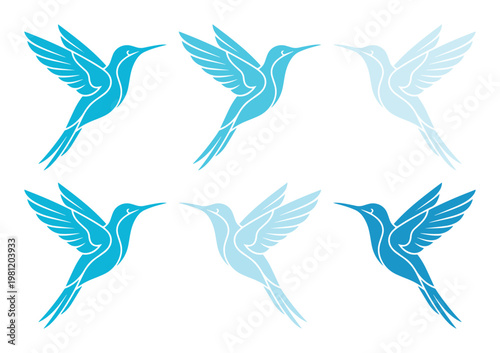 優雅に舞うハチドリのベクターイラストセット、鮮やかな青と水色のグラデーションで表現された6種類の美しい鳥のシルエット、ロゴやデザイン素材に最適な空飛ぶ鳥のコレクション
