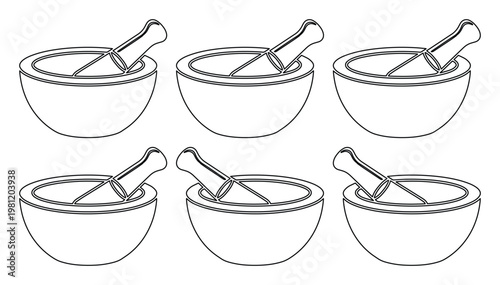 薬研と乳棒のシンプルな線画アイコンセット、伝統的な薬作りや料理、研究室のシンボルに最適なモノクロベクターイラスト素材