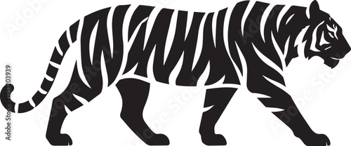 Black Silhouette of Walking Tiger Minimal Flat Vector Illustration Isolated on Transparent Background
