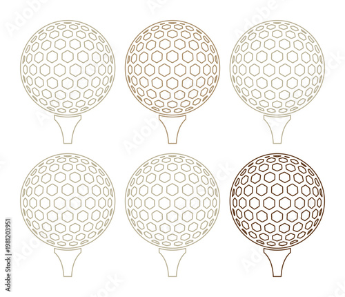 ゴルフボールとティーのミニマルな線画アイコンセット、ゴルフスポーツ用品のベクターイラスト、ゴルフ大会やイベントのグラフィック素材、ウェブサイトやアプリデザインに最適なシンプルなゴルフアイコン