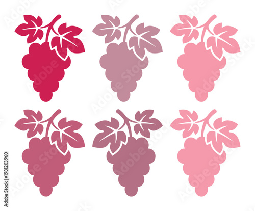 ブドウの房と葉のシルエット、様々なピンクと赤紫のグラデーションで表現されたエレガントなブドウのベクターアイコンセット、ワインや食品関連デザインに最適なフレッシュな果実のイラスト素材