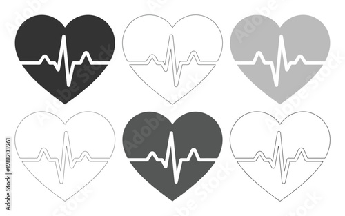 心電図の波形が描かれたハートマークのベクターアイコンセット、医療や健康、愛情を表現するシンボル、シンプルなモノクロデザインの心臓の鼓動イラスト素材