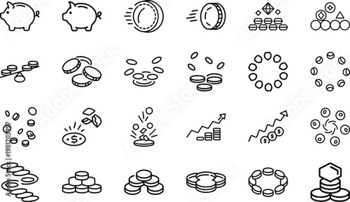 Money saving and currency movement icons featuring piggy banks coins and profit progress.