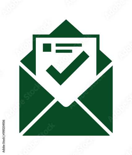 緑色の封筒とチェックマーク付きの書類、メール受信や確認完了を示すシンプルなベクターアイコン。ビジネス、コミュニケーション、通知、承認の概念を表現するグラフィックリソース。