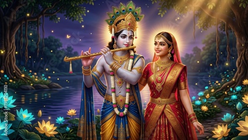 Radha Krishna moonlit Vrindavan divine couple wallpaper.