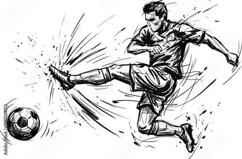 Dynamic sketch illustration of a soccer player kicking a ball