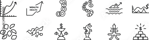 Wealth and health growth icons featuring money fountains financial graphs and gold bullion.