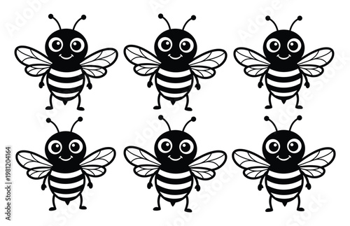 かわいいミツバチのキャラクターセット、6匹の愛らしいハチのアイコン、シンプルな白黒の昆虫イラストレーション、子供向けデザインや教育素材に最適なベクター素材