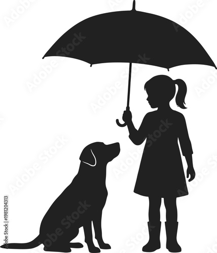 Silhouette of a little girl holding an umbrella with her dog