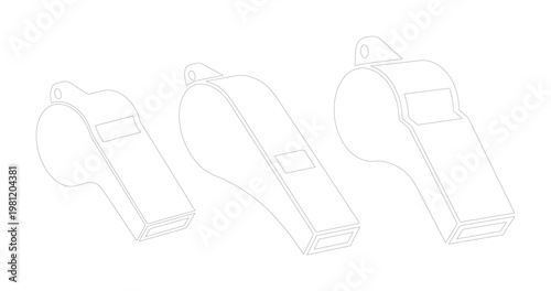 シンプルでモダンなホイッスルのベクターイラストセット、スポーツイベントや審判、緊急時の合図に最適な白黒アウトラインアイコン素材