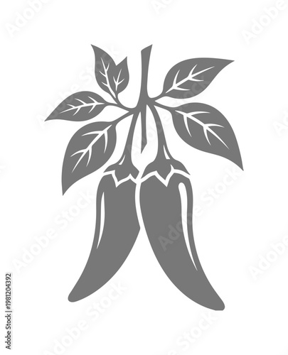 チリペッパーのモノクロベクターイラスト、辛い唐辛子と葉が描かれたシンプルでモダンなデザイン、料理やスパイス関連のプロジェクトに最適なグラフィック素材