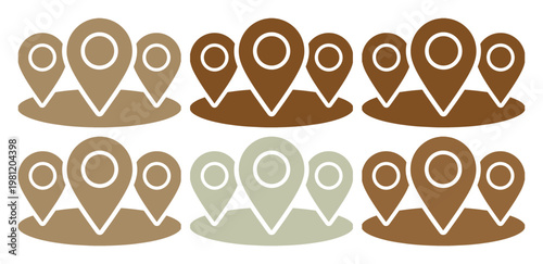 場所を示すピンアイコンのグループ、地図上の位置情報を示すシンプルなベクターイラストセット、ウェブサイトやアプリのナビゲーションに最適なブラウンとベージュのGPSマーカー