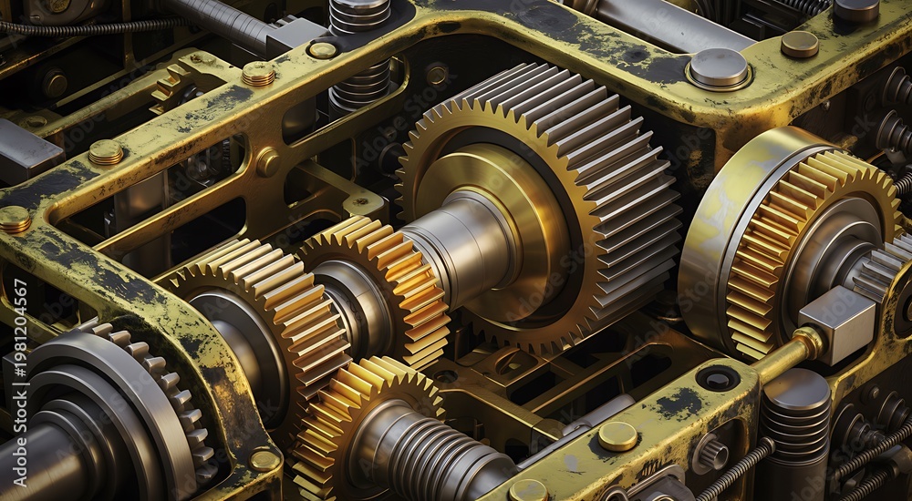Fototapeta premium Mechanical gears transmission system showcasing industrial engineering precision and complex metal machinery