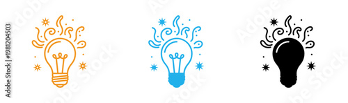 Creative idea generation three light bulbs with sparkles and swirls
