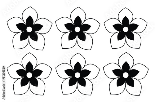 シンプルでモダンな白黒の桜の花、6つのエレガントなベクターイラストセット。春の装飾、デザイン要素、ロゴ作成に最適な花びらのパターン。