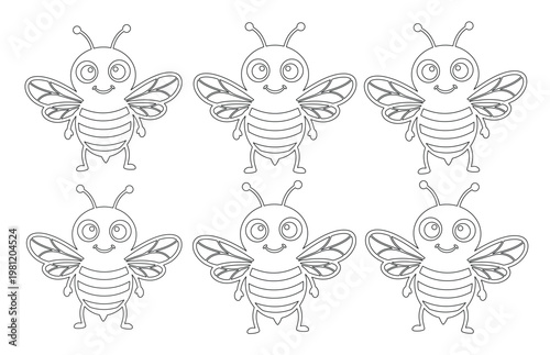 かわいいミツバチの塗り絵イラストセット、子供向け教育素材に最適な6匹のハチのベクターコレクション、シンプルで親しみやすい昆虫デザイン