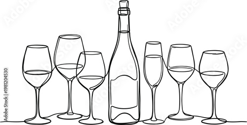 Continuous line drawing of a wine bottle and six wine glasses
