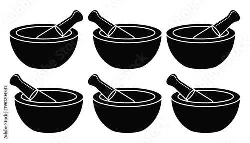 薬研と乳鉢のシンプルなモノクロベクターアイコンセット、伝統的な薬作りや料理、科学実験のシンボル、6種類のデザイン。