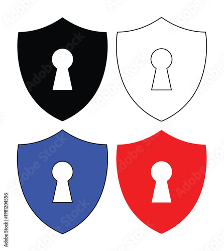 セキュリティと保護を象徴する鍵穴付きシールドアイコンセット。デジタルセキュリティ、データ保護、プライバシー、アクセス制御の概念を表現するベクター素材。