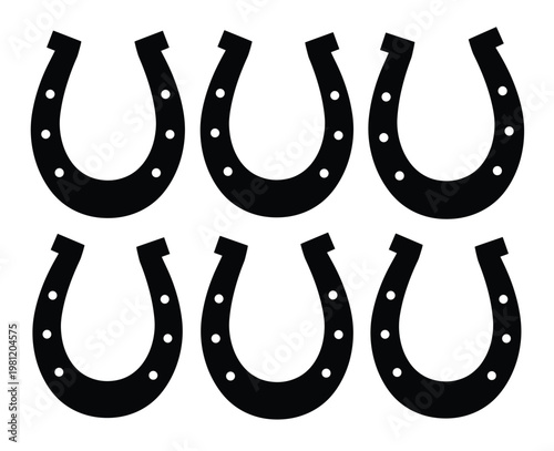 幸運を呼ぶ蹄鉄のベクターイラストセット、成功と繁栄を象徴する伝統的なシンボル、シンプルな黒いシルエットの6つの蹄鉄アイコン