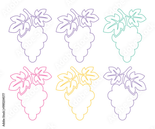 カラフルなブドウの輪郭線イラストセット、6色のブドウアイコンコレクション、果物と収穫のテーマに最適なベクター素材、食品関連デザインや教育コンテンツに活用できるシンプルなラインアート