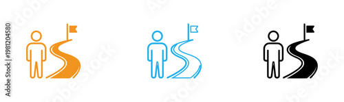 Two minimalist figures on winding paths with flags representing journey and achievement