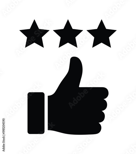 高評価と満足度を示す、3つの星と親指を立てた手のシンプルな黒いベクターアイコン。レビュー、フィードバック、評価システムに最適なシンボル。