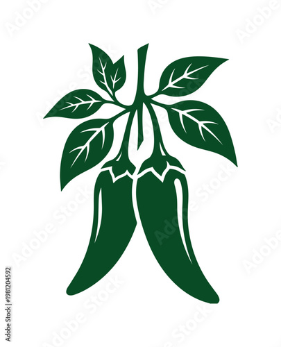 新鮮な緑色の唐辛子と葉のシンプルなベクターイラスト、辛い料理やメキシコ料理のメニューデザインに最適なスパイスのアイコン素材