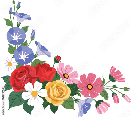 Vibrant watercolor of blooming flowers in various colors and stages petals blue