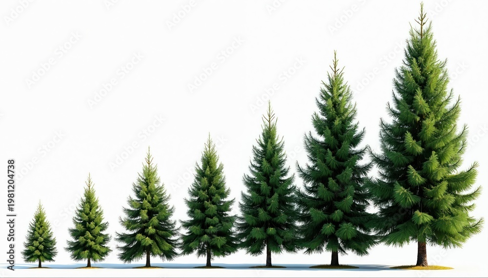 Obraz premium Six fir trees show growth stages from small seedling to tall evergreen plant. Isolated on white background, represent natural development, life cycle progression. Sequence visualizes plant evolution
