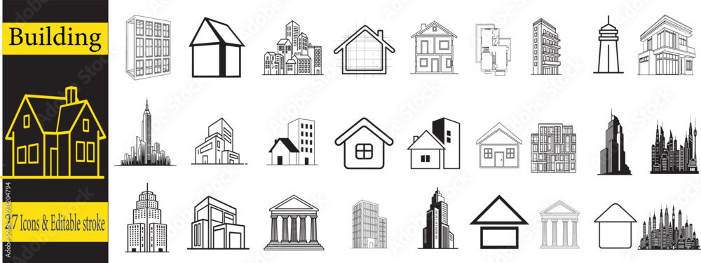 Fototapeta premium Collection of various building and house icons in black and white
