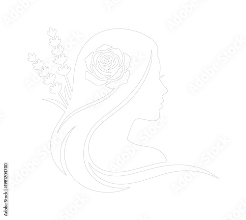 エレガントな女性の横顔と花々、美しさと自然を象徴するミニマルなラインアートベクターイラスト。美容、健康、ウェルネス関連デザインに最適な、繊細で洗練されたシルエット。