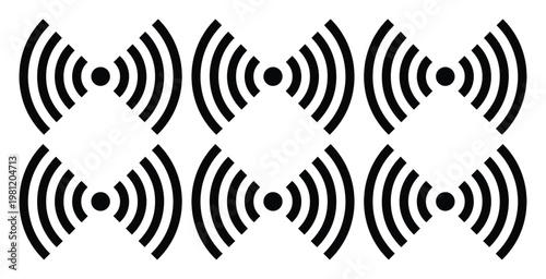 無線LANとWi-Fiの電波アイコンが並ぶシームレスなベクターパターン、デジタル通信と接続性を示すモノクロのシンボル、テクノロジー関連の背景やデザイン素材に最適