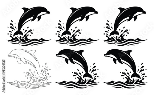 躍動感あふれるイルカのシルエット、水しぶきを上げるジャンプするドルフィン、海と自然を象徴するベクターイラストセット、水生生物のロゴやアイコンに最適な素材