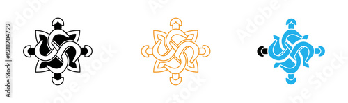 Intricate celtic knot designs turtle shaped symbols in gold and teal