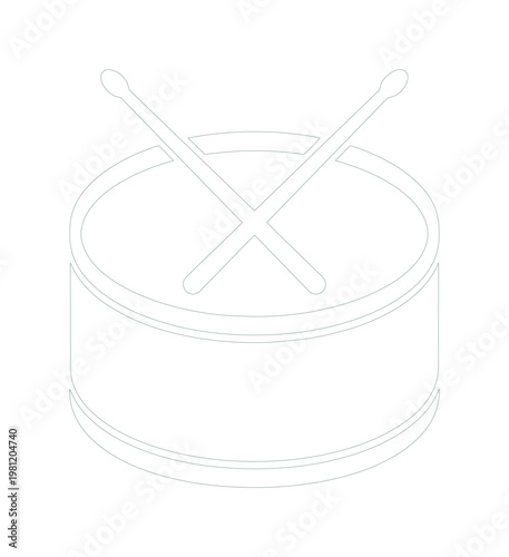 ミニマルなドラムとドラムスティックの線画アイコン。音楽、楽器、リズムを表現するシンプルなベクターイラスト素材。ウェブサイトやアプリのUIデザイン、教育コンテンツに最適なドラムセットのシンボル。