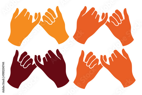 指切りげんまん、友情と約束を象徴する手と指のジェスチャー、信頼と絆を表現するカラフルなベクターイラスト素材、コミュニケーションと人間関係のコンセプトデザイン