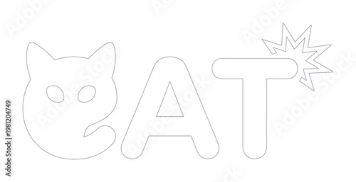 猫の顔のシルエットと「CAT」の文字、シンプルな線画デザインのベクターイラスト。動物関連のコンテンツやペットショップのロゴ、子供向け教材に最適な、可愛らしくて遊び心のあるグラフィック素材。