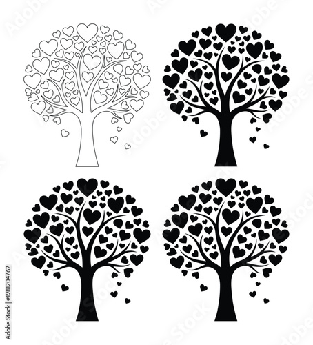愛と生命の象徴、ハートの葉を持つ木々。ロマンチックなデザイン素材、バレンタインや結婚式の装飾に最適なベクターイラストセット。