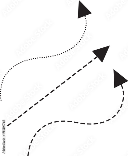 Set of Black Dotted and Dashed Upward Arrows Minimalist Vector Graphic for Growth and Progress