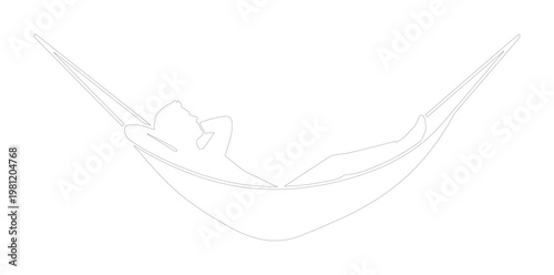 ハンモックでリラックスする人物のミニマルな線画イラスト、シンプルでモダンな休息と休暇のベクターアート、ウェブサイトやアプリのアイコンに最適な白背景のシルエット