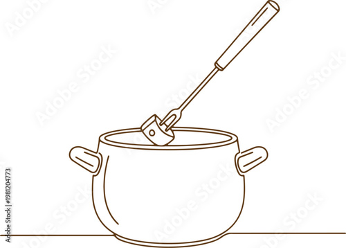 Outline of a cooking pot with a ladle inside on a checkered background.