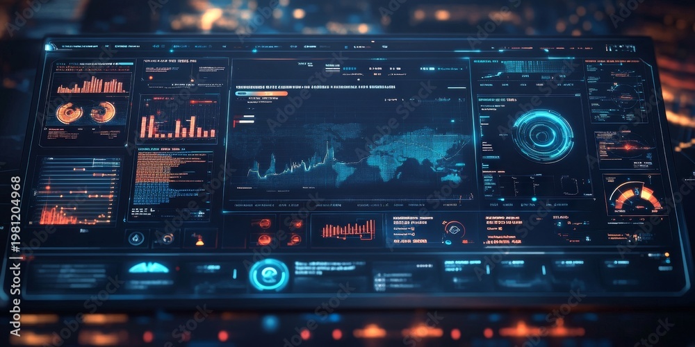 Obraz premium Futuristic Global Data Interface with World Map and Analytics